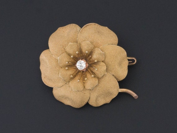 Antique Diamond Flower Brooch of 14k Gold - image 1