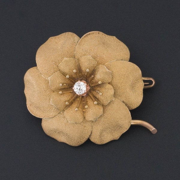 Broche de flor de diamantes antiguo de oro de 14 k