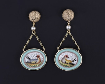 Antique Micromosaic Bird Earrings of 14k Gold