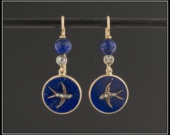 Antique Lapis Lazuli and Diamond Swallow Bird Earrings