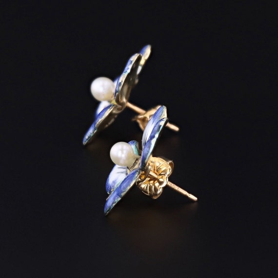 Antique Enamel and Pearl Pansy Earrings 14k Gold - image 3