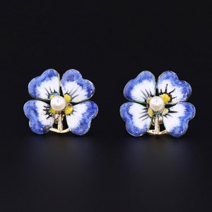 Antique Enamel and Pearl Pansy Earrings 14k Gold image 1