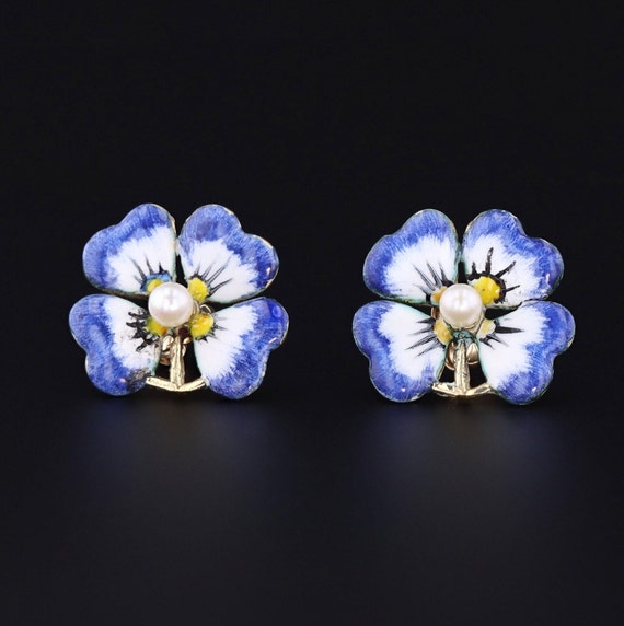 Antique Enamel and Pearl Pansy Earrings 14k Gold - image 1