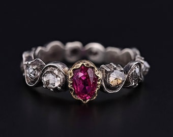 Antique Ruby and Diamond Ring of 14k Gold and Silver