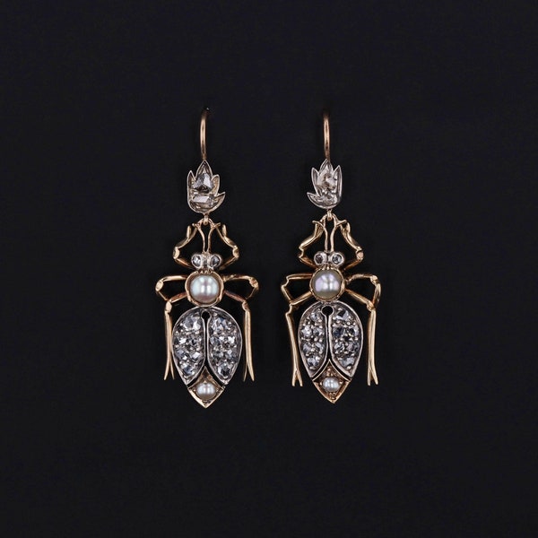 Pendientes de insectos de diamantes antiguos de oro de 14k