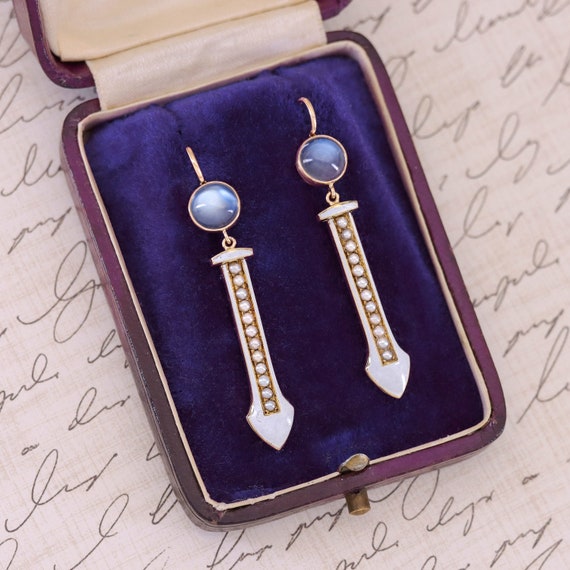 Antique Moonstone and Pearl Conversion Earrings o… - image 1
