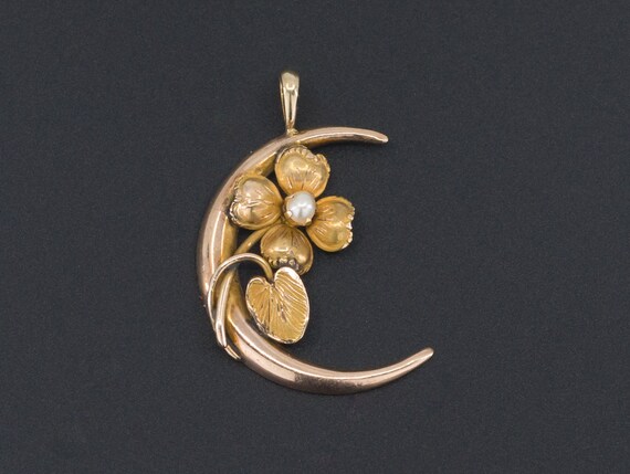 Antique 14k Gold Crescent Moon & Flower Pendant |