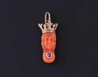 Coral Queen Charm | Antique Carved Coral Charm | 14k Gold Coral Charm | 14k Gold Charm