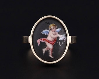 Antique Enamel Cherub Conversion Ring of 14k Gold