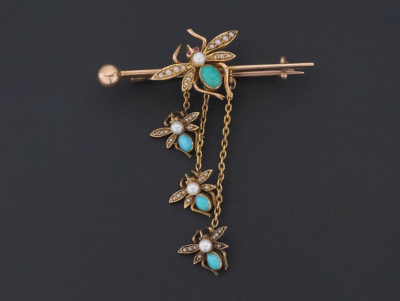 Antique Turquoise and Pearl Insect Pin | 14k Gold