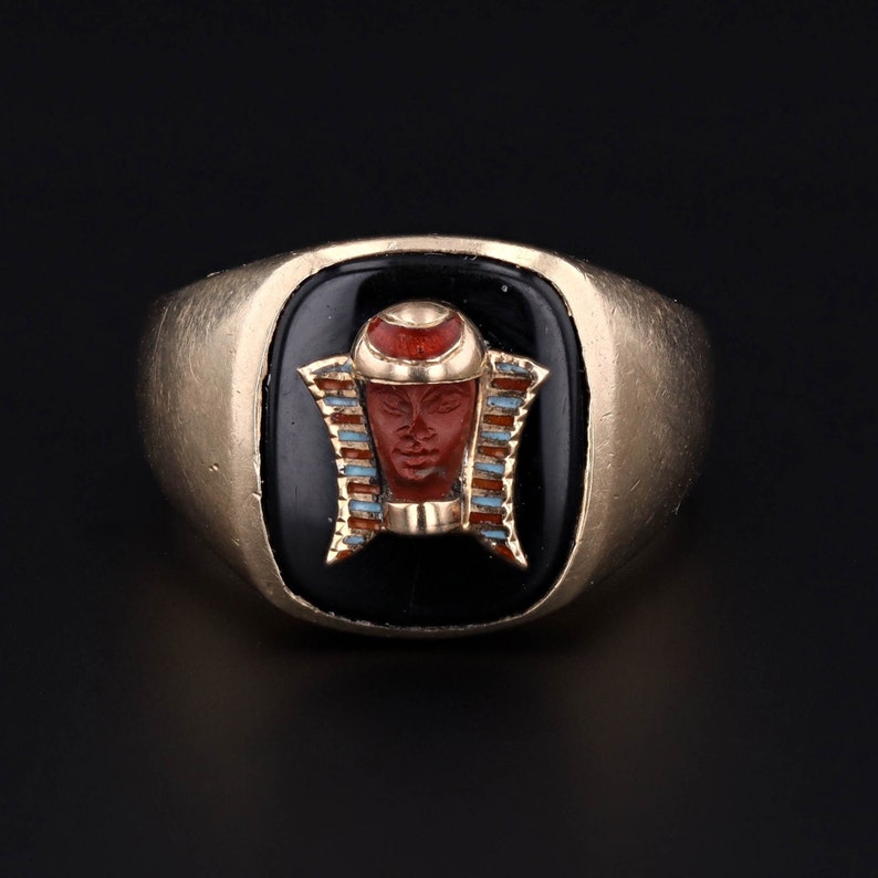 Vintage Enamel Egyptian Revival Pharaoh Conversion Ring of 10k Gold imagem 1
