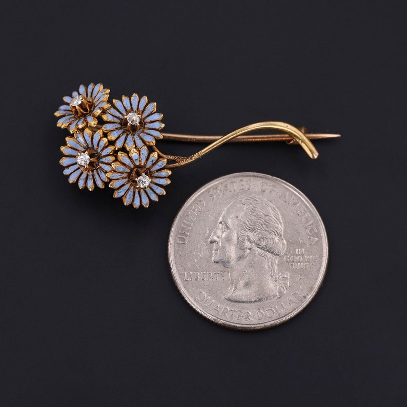Antique Enamel and Diamond Daisy Brooch of 14k Gold image 2