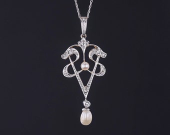 Antique Diamond and Pearl Lavalier Necklace of 14k Gold