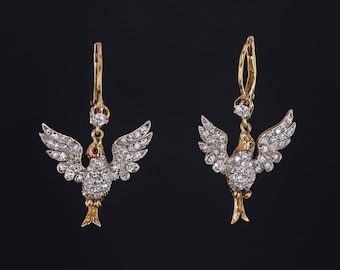 Antique Diamond Bird Earrings Platinum and 18k Gold