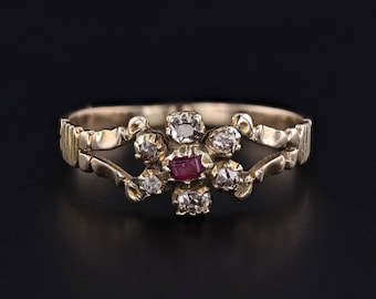 Antiker Diamant und Rubin Blumenring aus 585er Gold