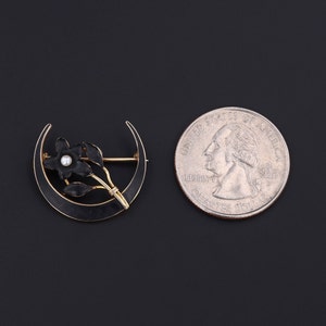 Antique Black Enamel Crescent Moon and Flower Brooch of 10k Gold image 2