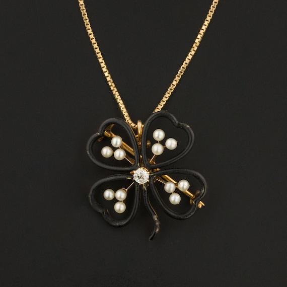 Antique Black Enamel Clover Pendant or Brooch of … - image 1