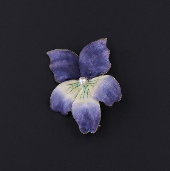 Antique Enamel Violet Flower Brooch of 14k Gold - image 1