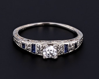 Vintage Diamond and Synthetic Sapphire Engagement Ring of 18k White Gold