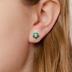 Vintage Emerald and Diamond Flower Stud Earrings image 5