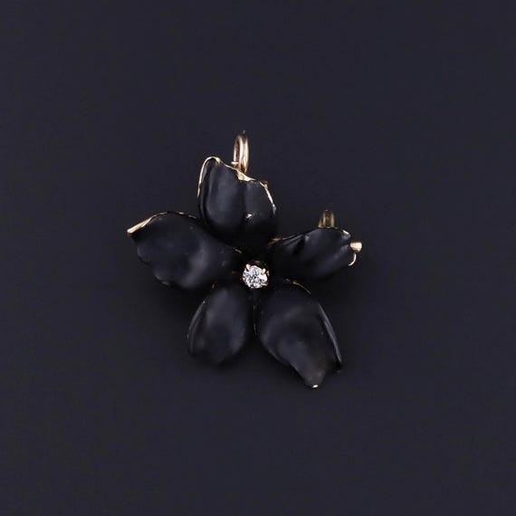 アンティークブラックエナメルバイオレットペンダントブローチ（14K 