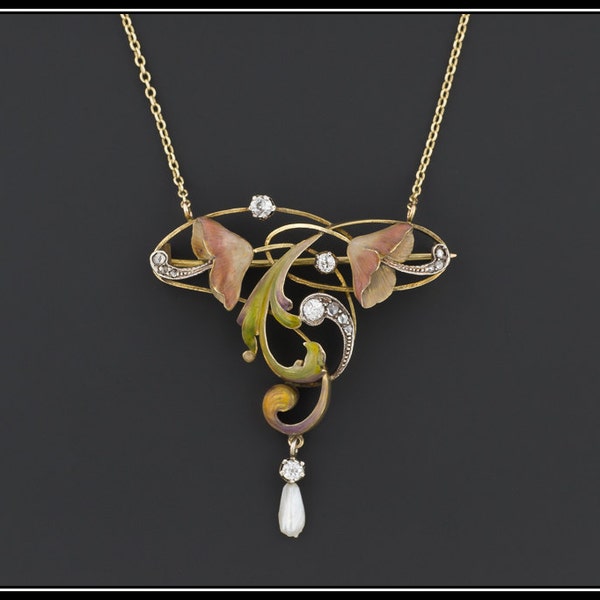 Antique French Enamel Necklace | 18k Gold Necklace | Art Nouveau Enamel & Diamond Necklace | French Art Nouveau Necklace or Brooch