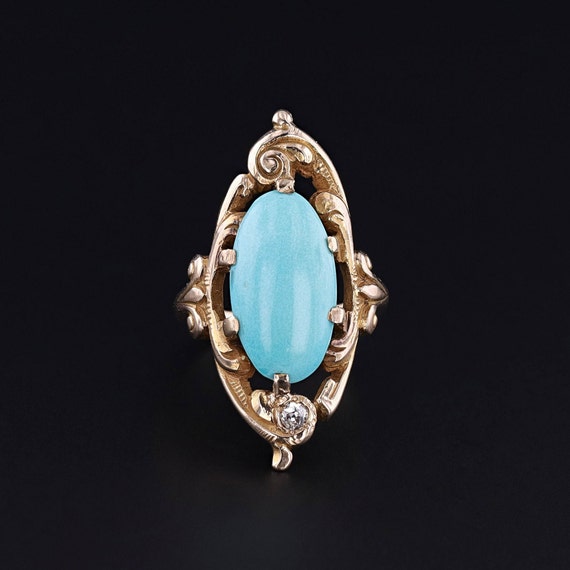 Antique Turquoise and Diamond Ring of 10k Gold - image 2