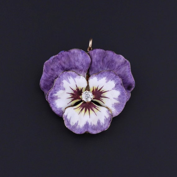 Antique Enamel & Diamond Pansy Brooch or Pendant … - image 2