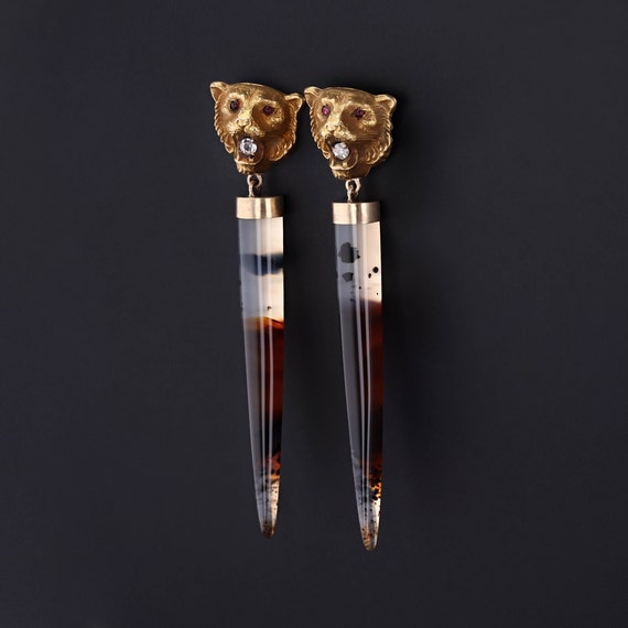 Montana Agate and Diamond Lion Conversion Earring… - image 2
