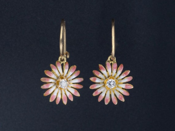 Vintage Diamond Flower Earrings | 14k Gold & Pink