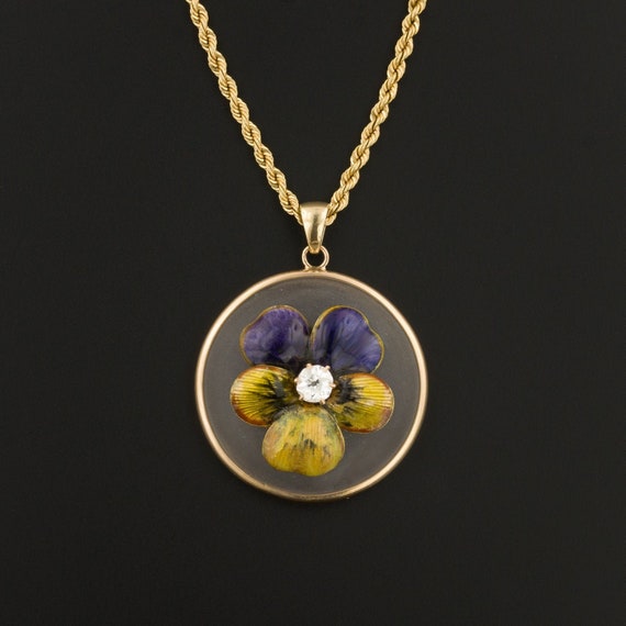 Art Nouveau Enamel Pansy Pendant | 14k Gold Ename