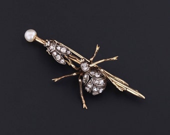 Victorian Diamond Insect Brooch Silver Topped 14k Gold