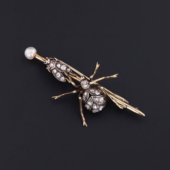 Victorian Diamond Insect Brooch Silver Topped 14k… - image 1