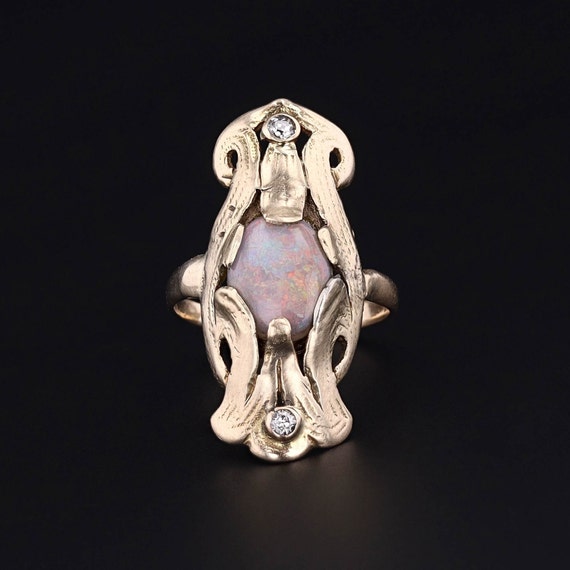 Antique Opal and Diamond Ring of 10k Gold - image 1