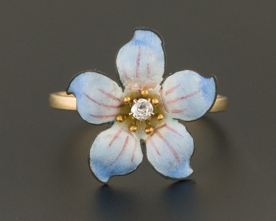 14k Gold Enamel and Diamond Flower Ring | Antique