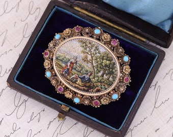 Broche antiguo de micromosaico de oro de 18 quilates