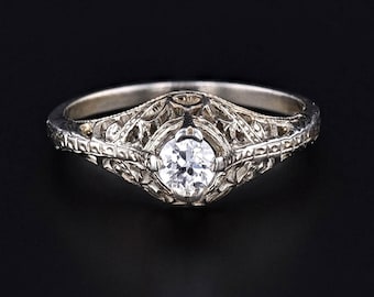 Vintage Diamond Filigree Ring of 18k White Gold