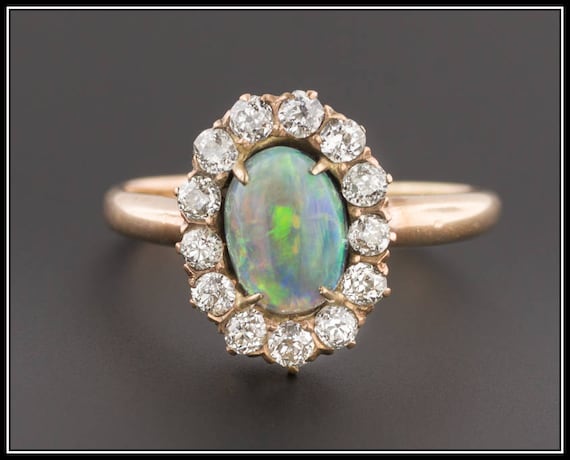 Vintage Black Opal & Diamond Ring | 14k Black Opal
