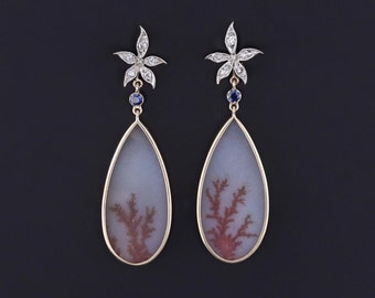 Dendritic Agate and Diamond Flower Earrings of 14k Gold