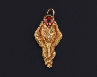 Antique Garnet Green Man Charm of 14k Gold