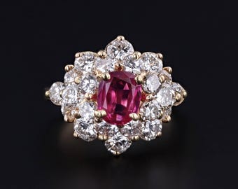 Vintage Natural Burmese Ruby and Diamond Cluster Ring With Certification