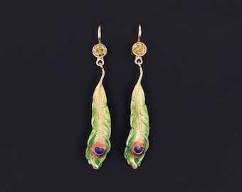 Antique Enamel and Yellow Diamond Peacock Feather Conversion Earrings 14k Gold