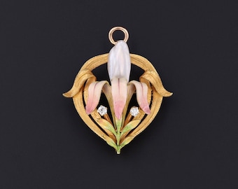 Art Nouveau Enamel Flower Pendant Brooch by Krementz