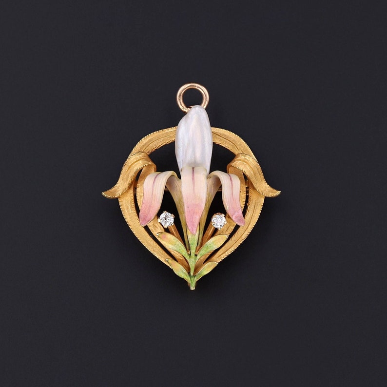 Art Nouveau Enamel Flower Pendant Brooch by Krementz image 1