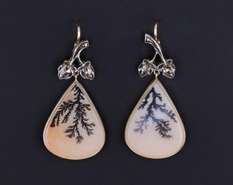 Dendritic Agate and Diamond Earrings of 14k Gold