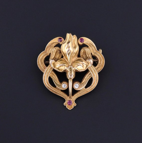 Antique Iris Brooch of 14k Gold by Riker Brothers