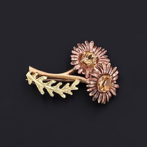 Vintage Citrine Daisy Brooch Rose and Yellow Gold image 1