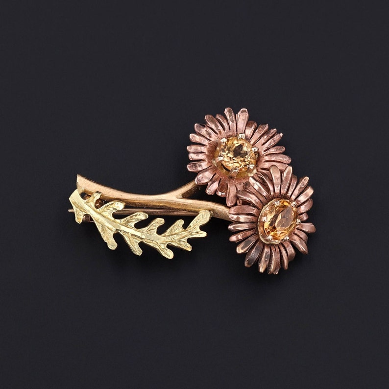 Vintage Citrine Daisy Brooch Rose and Yellow Gold image 1