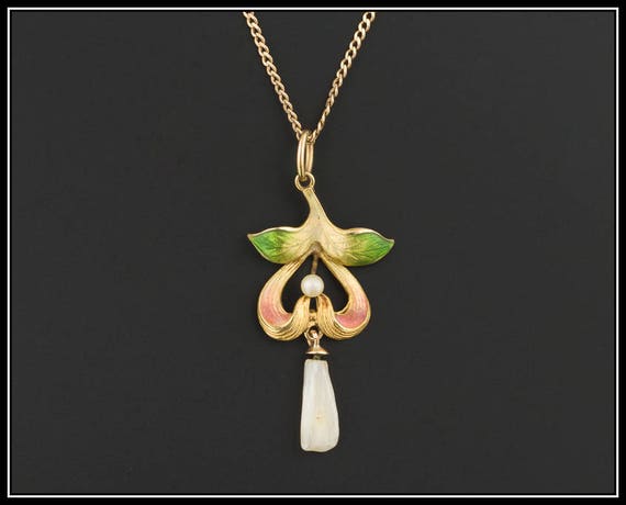 Antique Enamel and Pearl Pendant of 10k Gold - image 1