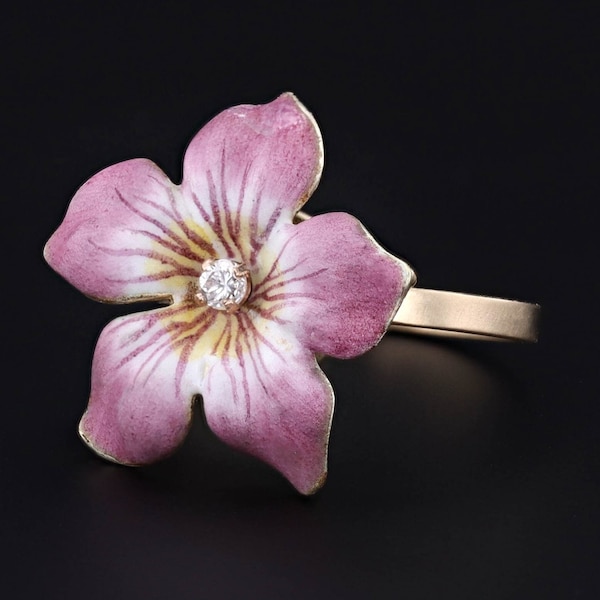 Anillo de conversión de flor de esmalte rosa vintage de oro de 14 k